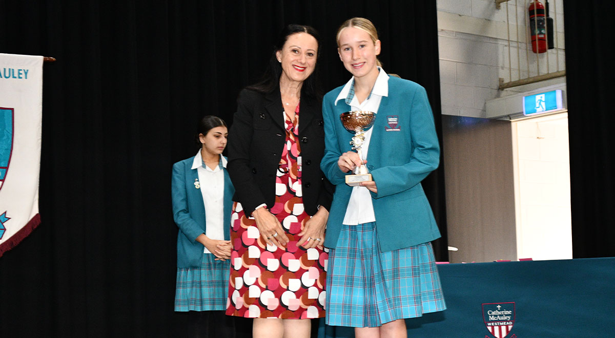 Billie F from Catherine McAuley Westmead with Principal Mary Refalo