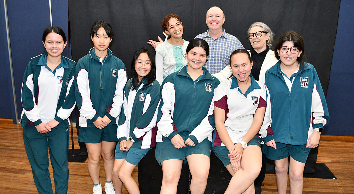 Cast and crew from Starrs Production with the Catherine McAuley Catholic College Westmead students