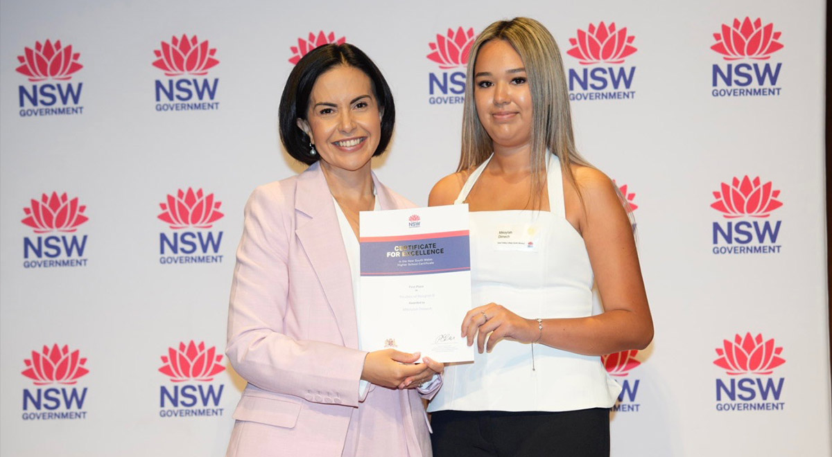 Mikayla Dimech from Bede Polding College Windsor with The Hon Prue Car MP